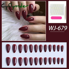 Cyflymder Wine Red  Nails Medium Almond Fake Nails Glossy Full Cover Solid Color False Nails  Women  Girls including1 jelly glue and1 nail