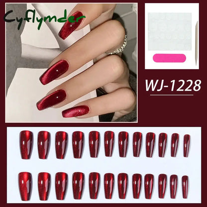 Cyflymder Wine Red  Nails Medium Almond Fake Nails Glossy Full Cover Solid Color False Nails  Women  Girls including1 jelly glue and1 nail