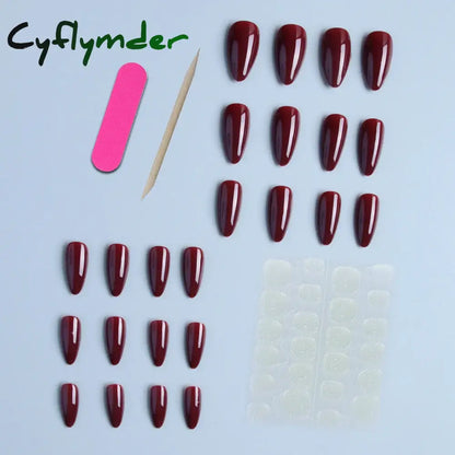 Cyflymder Wine Red  Nails Medium Almond Fake Nails Glossy Full Cover Solid Color False Nails  Women  Girls including1 jelly glue and1 nail