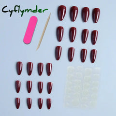 Cyflymder Wine Red  Nails Medium Almond Fake Nails Glossy Full Cover Solid Color False Nails  Women  Girls including1 jelly glue and1 nail