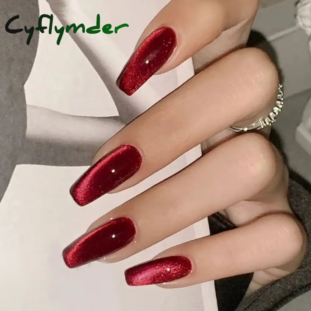 Cyflymder Wine Red  Nails Medium Almond Fake Nails Glossy Full Cover Solid Color False Nails  Women  Girls including1 jelly glue and1 nail