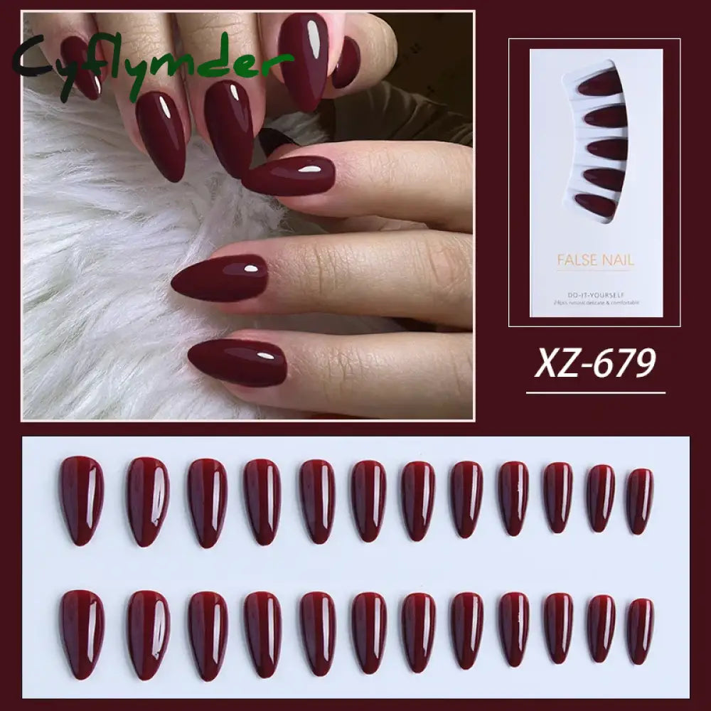 Cyflymder Wine Red  Nails Medium Almond Fake Nails Glossy Full Cover Solid Color False Nails  Women  Girls including1 jelly glue and1 nail