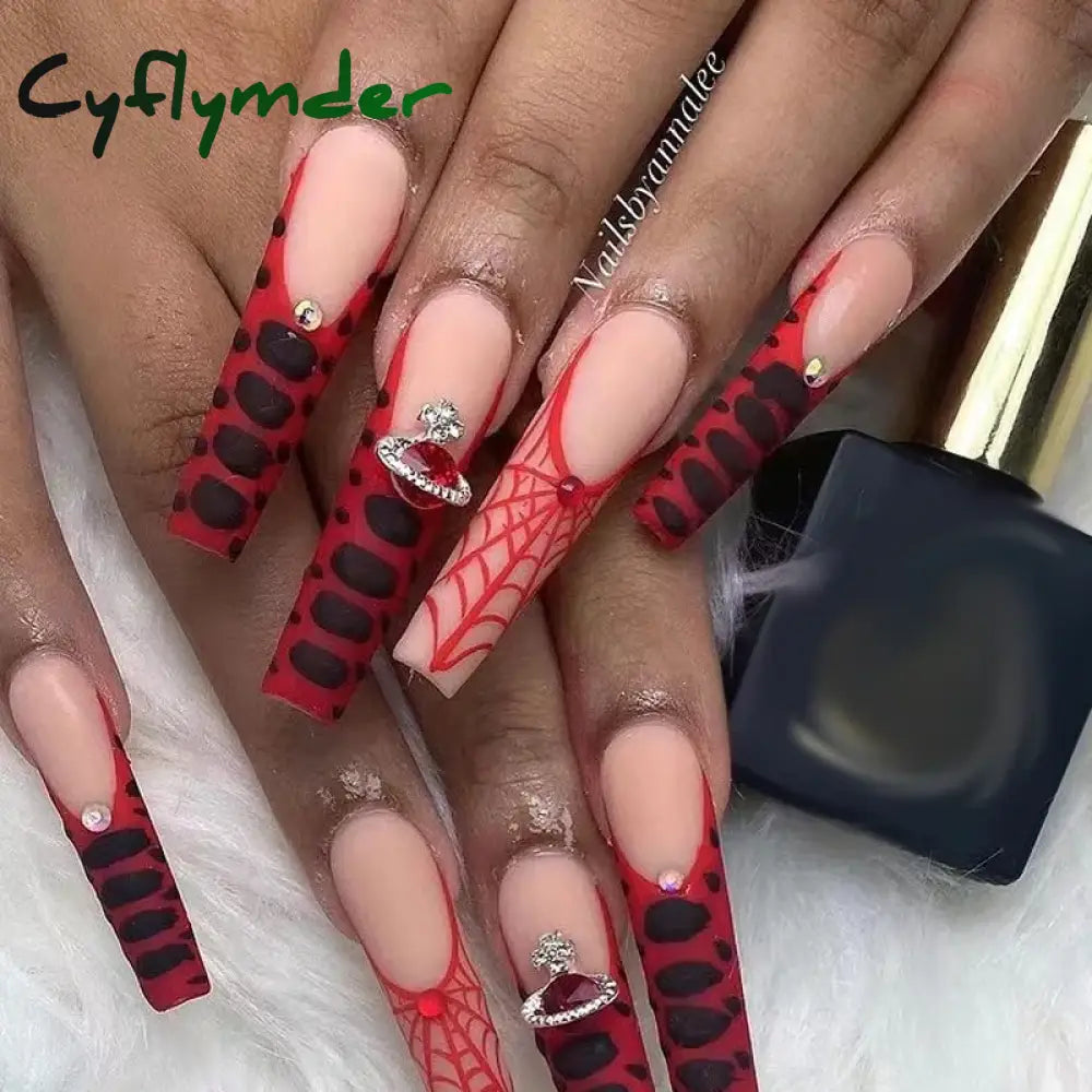 Cyflymder y2k Nails Five-pointed Star Pattern False Nails Halloween Style Long Coffin Ballet Press on Nails For Girl Full Cover Wearable