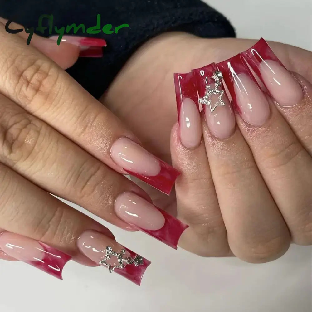 Cyflymder y2k Nails Five-pointed Star Pattern False Nails Halloween Style Long Coffin Ballet Press on Nails For Girl Full Cover Wearable