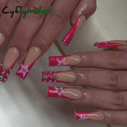 Cyflymder y2k Nails Five-pointed Star Pattern False Nails Halloween Style Long Coffin Ballet Press on Nails For Girl Full Cover Wearable