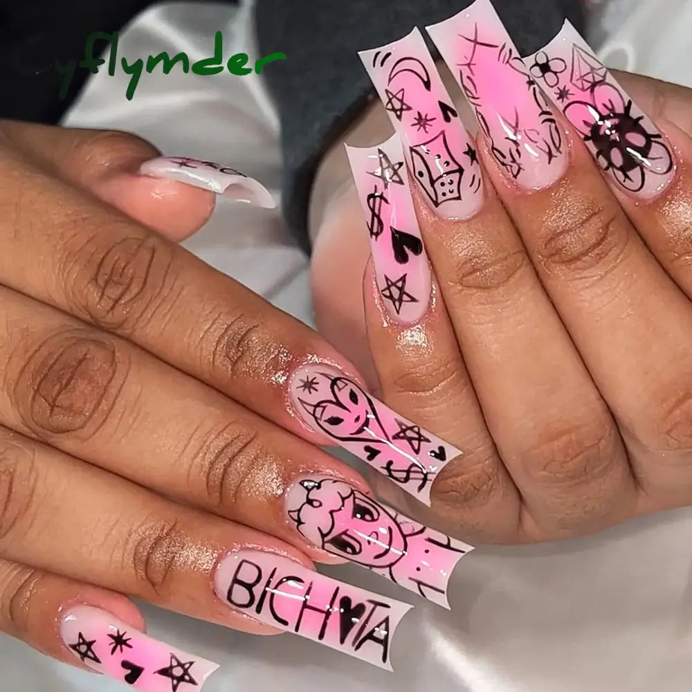 Cyflymder y2k Nails Five-pointed Star Pattern False Nails Halloween Style Long Coffin Ballet Press on Nails For Girl Full Cover Wearable