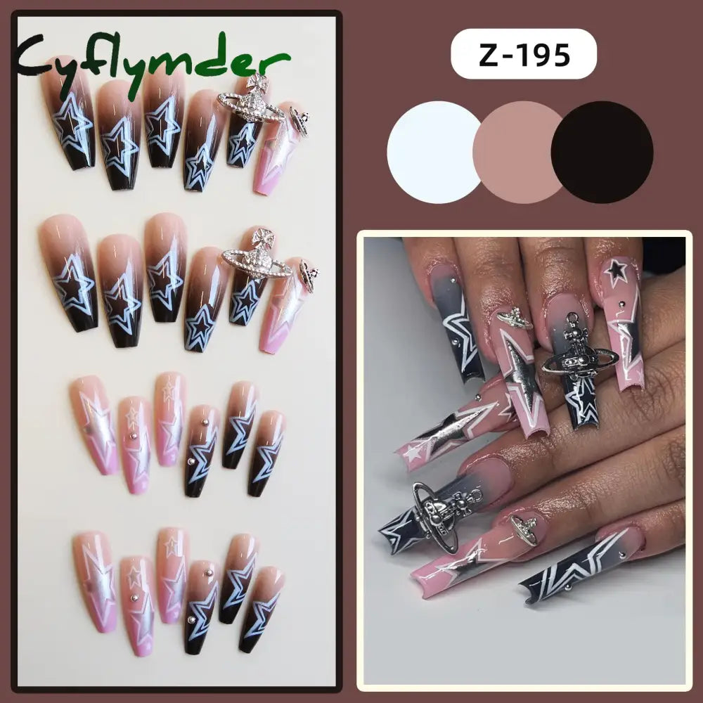 Cyflymder y2k Nails Five-pointed Star Pattern False Nails Halloween Style Long Coffin Ballet Press on Nails For Girl Full Cover Wearable
