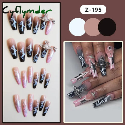 Cyflymder y2k Nails Five-pointed Star Pattern False Nails Halloween Style Long Coffin Ballet Press on Nails For Girl Full Cover Wearable