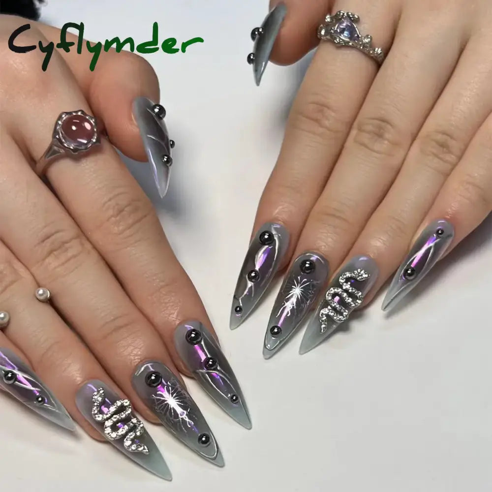 Cyflymder y2k Nails Five-pointed Star Pattern False Nails Halloween Style Long Coffin Ballet Press on Nails For Girl Full Cover Wearable