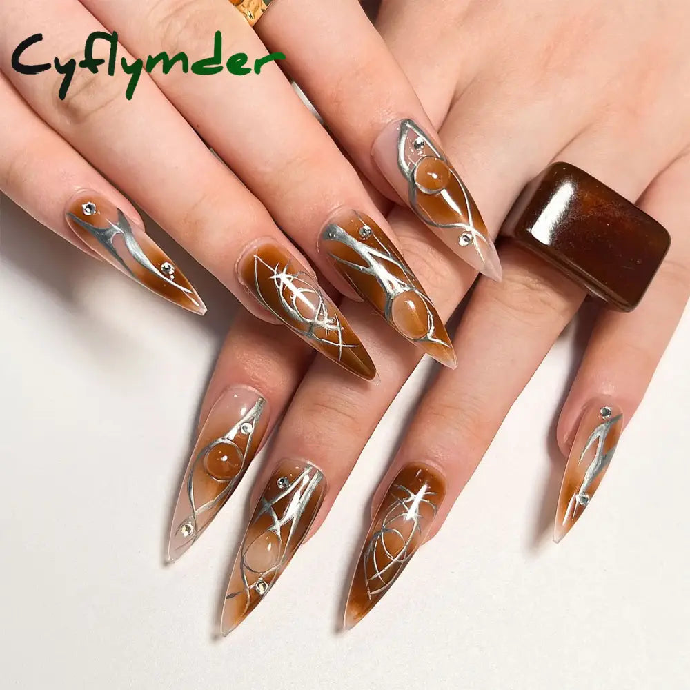 Cyflymder y2k Nails Five-pointed Star Pattern False Nails Halloween Style Long Coffin Ballet Press on Nails For Girl Full Cover Wearable