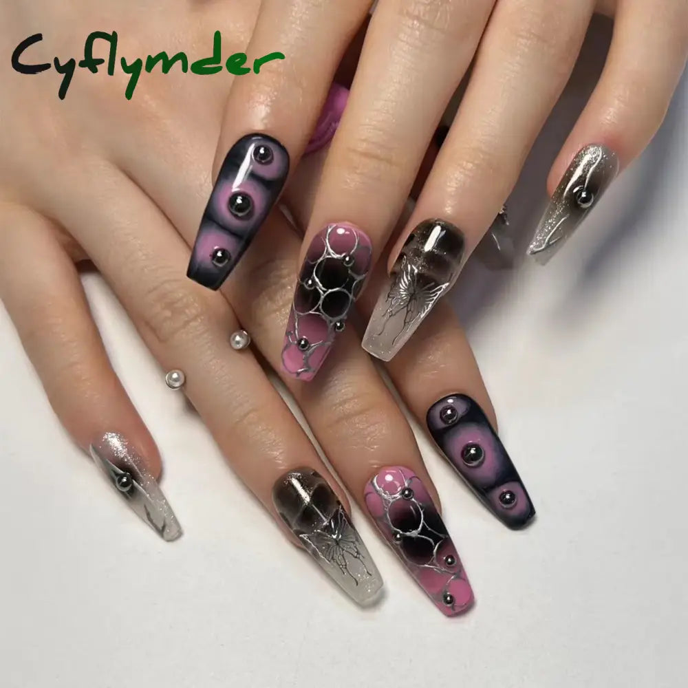 Cyflymder y2k Nails Five-pointed Star Pattern False Nails Halloween Style Long Coffin Ballet Press on Nails For Girl Full Cover Wearable
