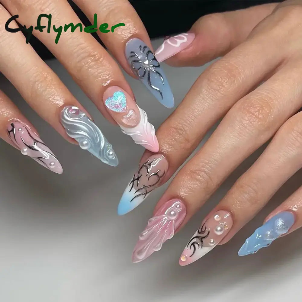 Cyflymder y2k Nails Five-pointed Star Pattern False Nails Halloween Style Long Coffin Ballet Press on Nails For Girl Full Cover Wearable