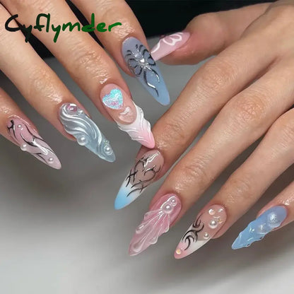 Cyflymder y2k Nails Five-pointed Star Pattern False Nails Halloween Style Long Coffin Ballet Press on Nails For Girl Full Cover Wearable