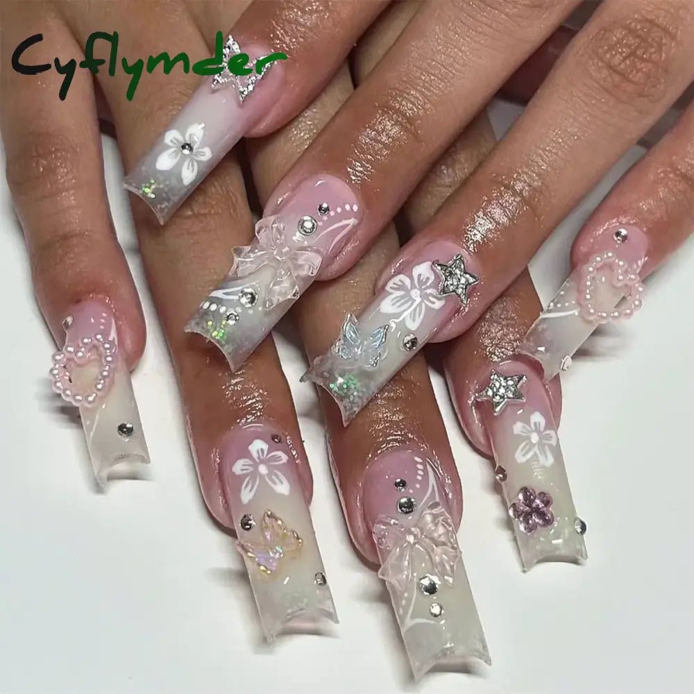 Cyflymder y2k Nails Five-pointed Star Pattern False Nails Halloween Style Long Coffin Ballet Press on Nails For Girl Full Cover Wearable