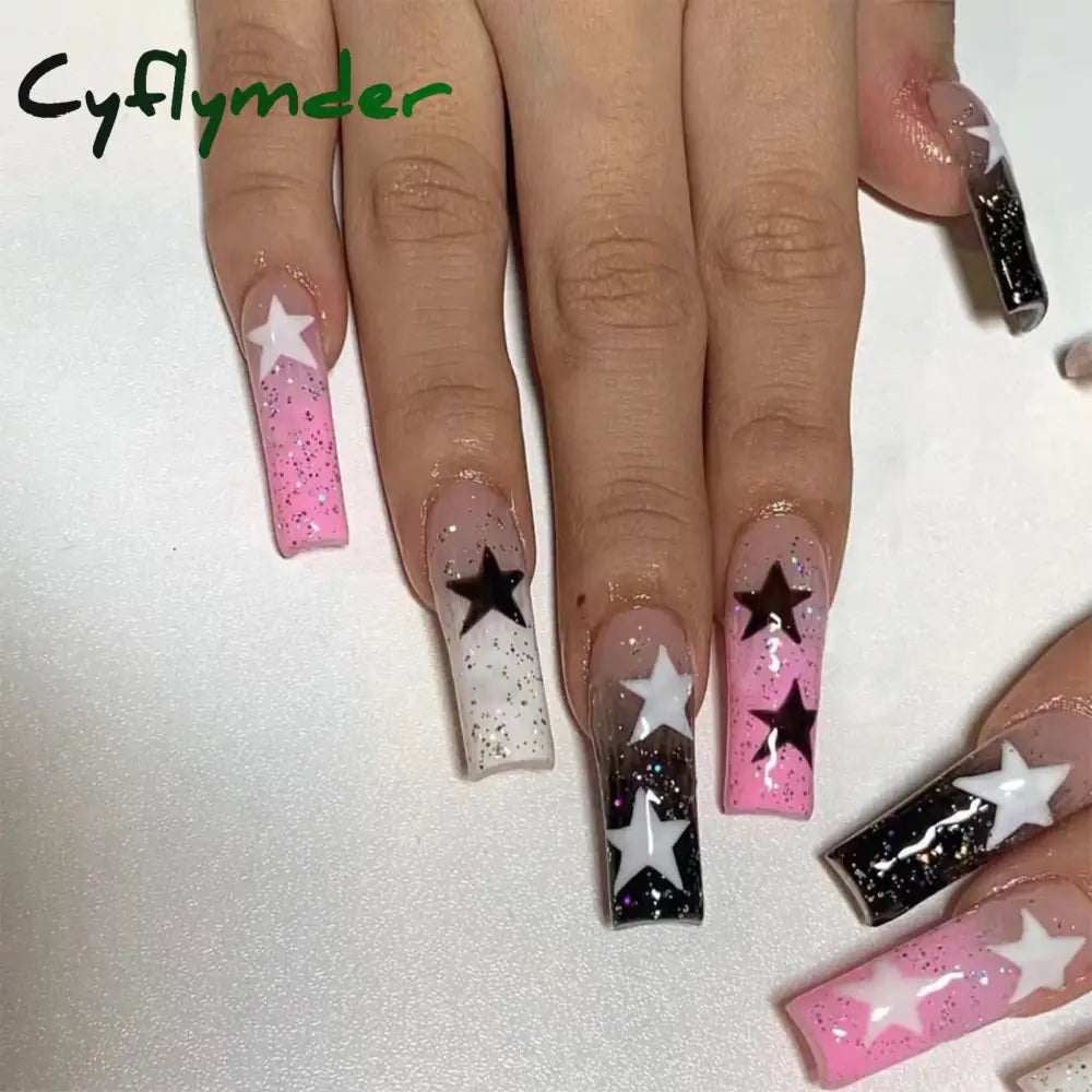 Cyflymder y2k Nails Five-pointed Star Pattern False Nails Halloween Style Long Coffin Ballet Press on Nails For Girl Full Cover Wearable