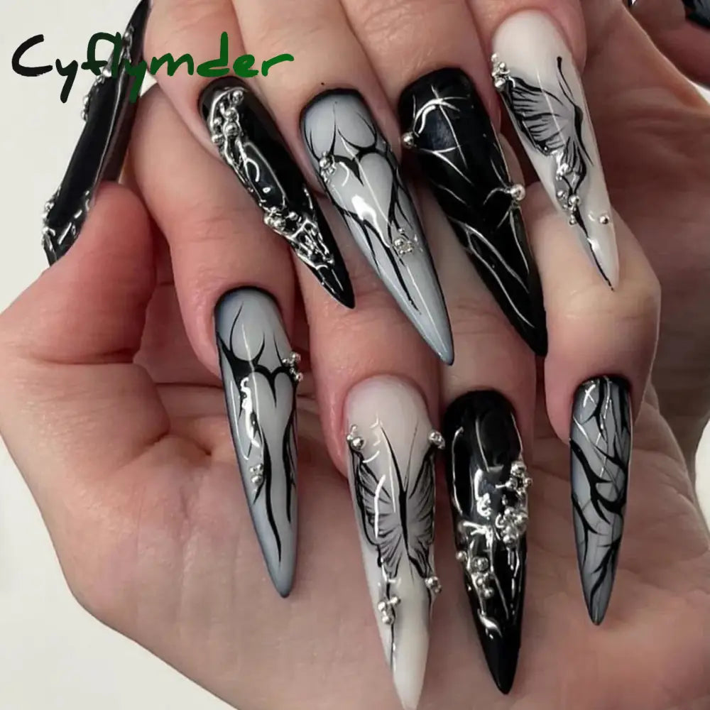 Cyflymder y2k Nails Five-pointed Star Pattern False Nails Halloween Style Long Coffin Ballet Press on Nails For Girl Full Cover Wearable