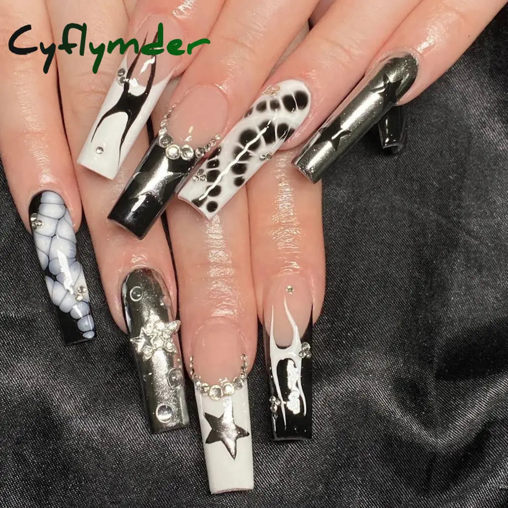 Cyflymder y2k Nails Five-pointed Star Pattern False Nails Halloween Style Long Coffin Ballet Press on Nails For Girl Full Cover Wearable