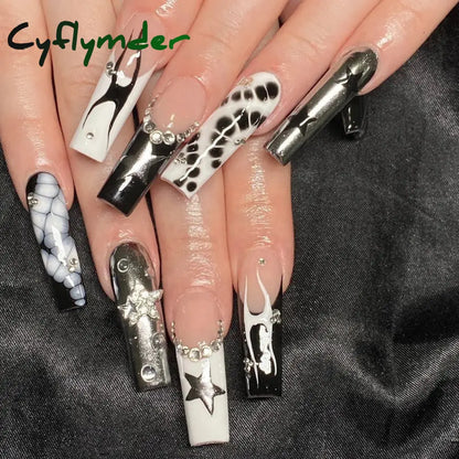 Cyflymder y2k Nails Five-pointed Star Pattern False Nails Halloween Style Long Coffin Ballet Press on Nails For Girl Full Cover Wearable
