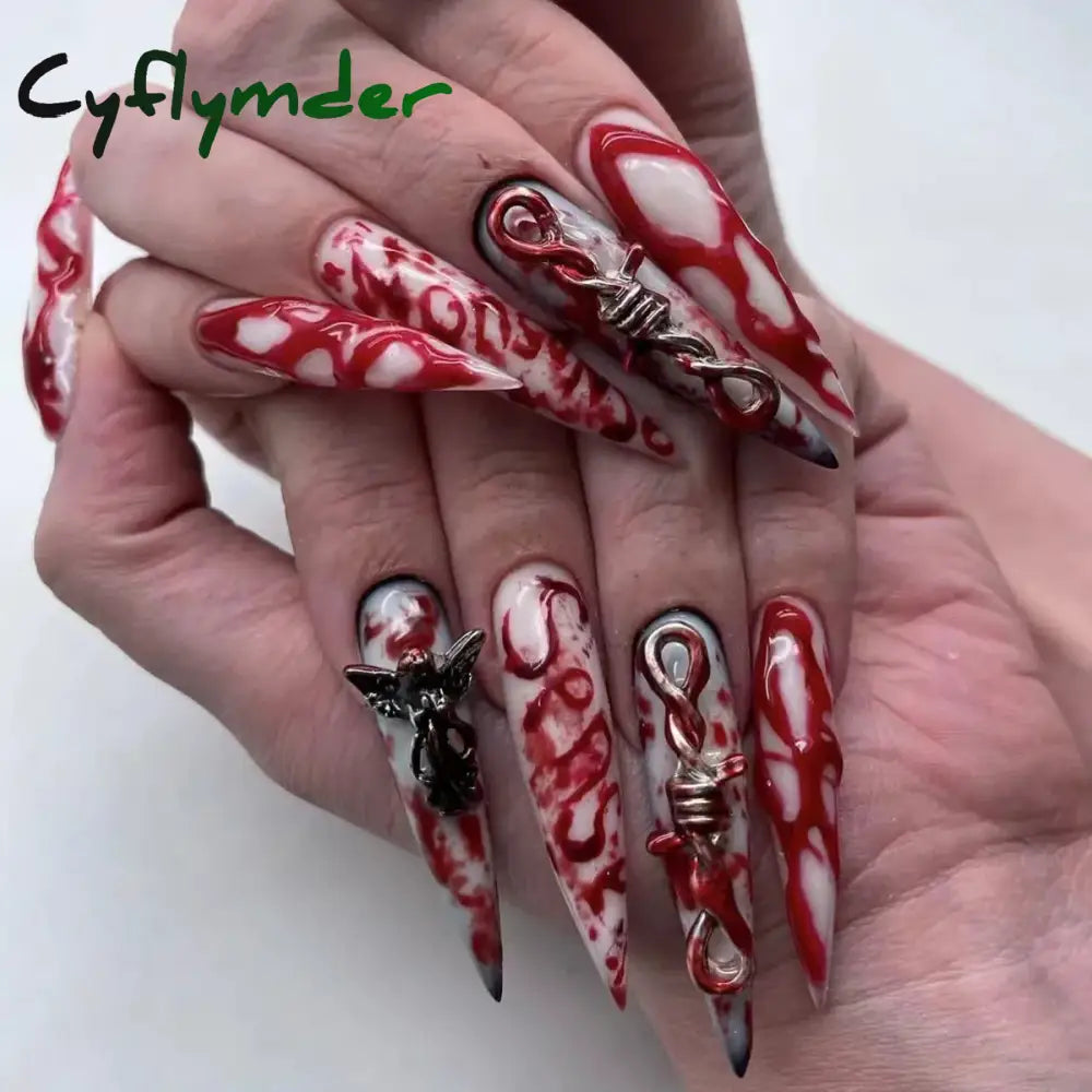 Cyflymder y2k Nails Five-pointed Star Pattern False Nails Halloween Style Long Coffin Ballet Press on Nails For Girl Full Cover Wearable