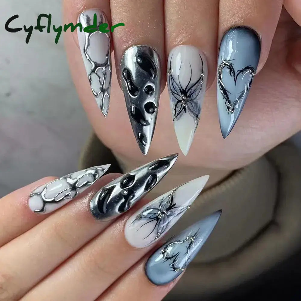 Cyflymder y2k Nails Five-pointed Star Pattern False Nails Halloween Style Long Coffin Ballet Press on Nails For Girl Full Cover Wearable